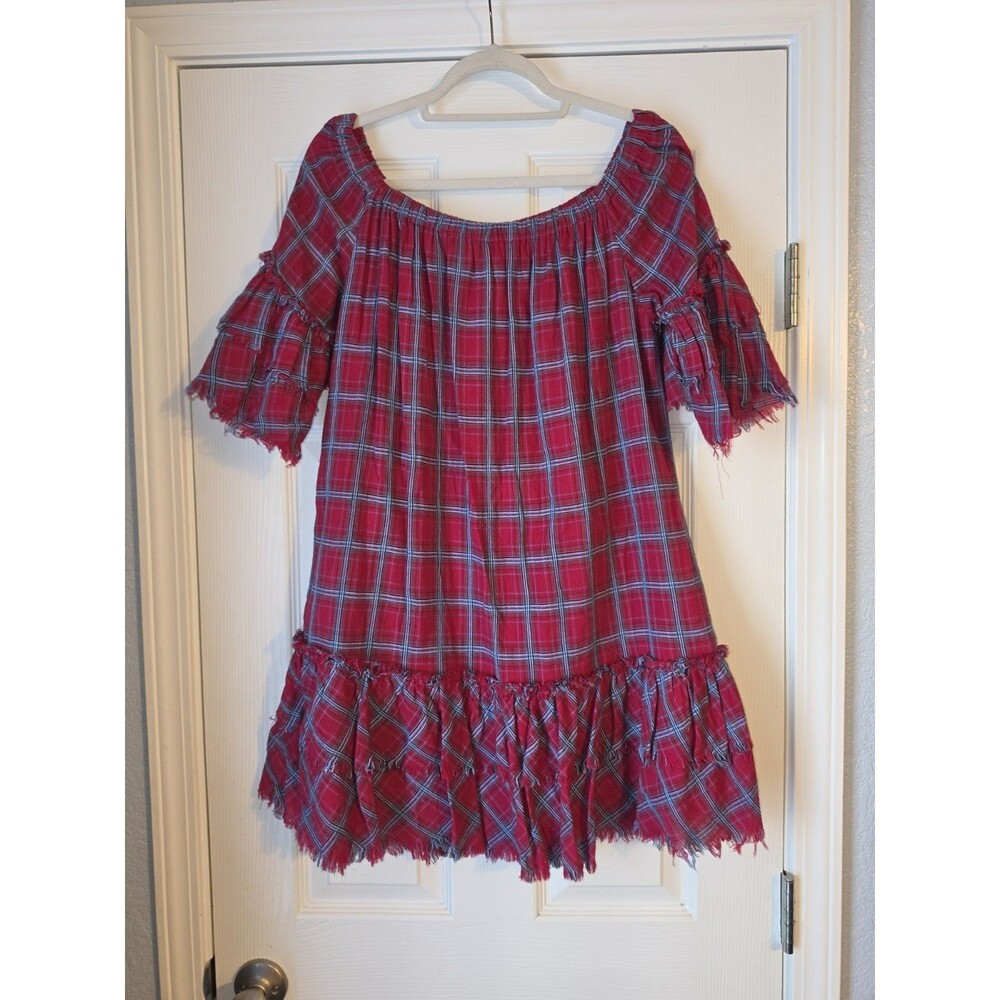 Hayden Womens L Plaid Mini Dress Frayed Ruffle Trim Red White Blue Cottagecore